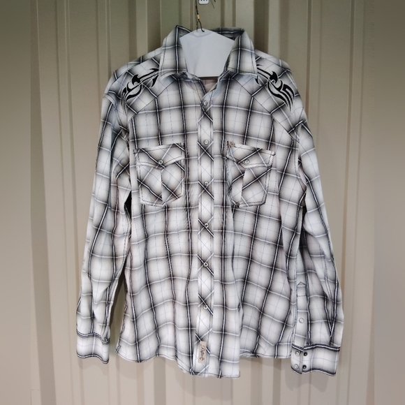 Men's Rafter C Black, Gray & White Plaid Western Cowboy Rodeo Shirt Size XL - Picture 1 of 7